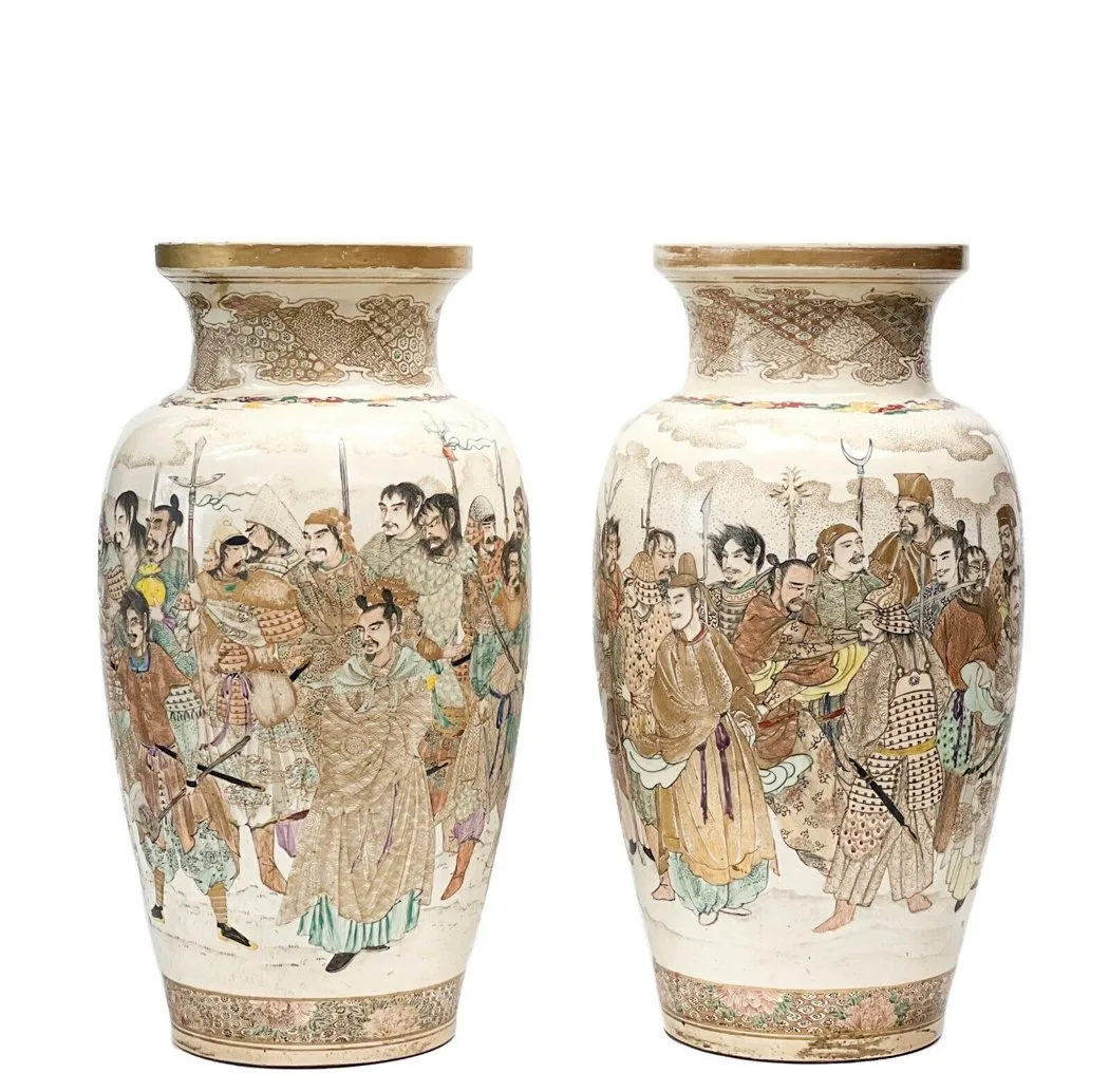 Pair Large Japanese Satsuma Hand Painted Porcelain Vases Warrior Scenes Meiji