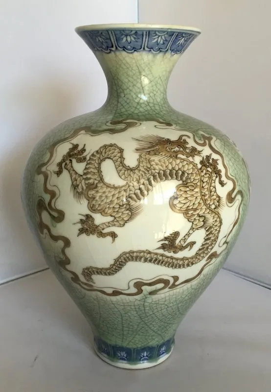 Meiji Period Crackled Celadon Glaze Vase Signed Kozan