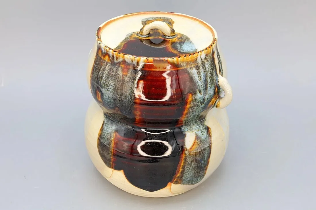Vintage 1970s Mizusashi Water Container For Tea Ceremony, Japanese Kyo Ware Cera